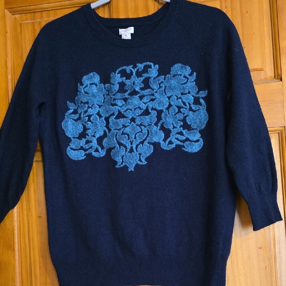 J.Crew Merino Wool Blend Sweater Navy Felted Wool Appliqué Women's M 3/4 Sleeve